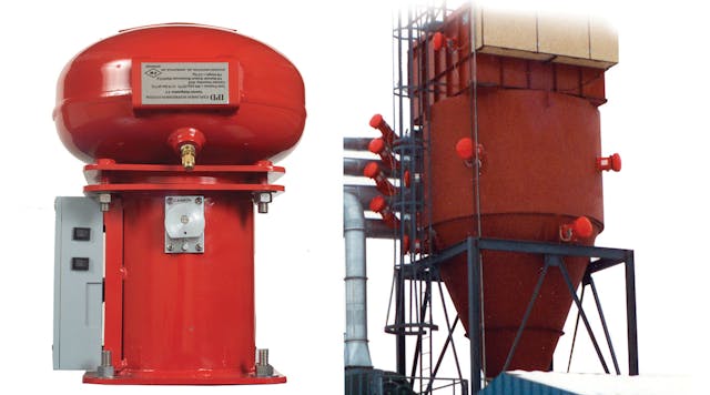 Left: A typical suppression system consists of sensors and several explosion-suppressing &ldquo;cannons&rdquo; that propel an extinguishing agent, e.g., sodium bicarbonate, into the process equipment. Nitrogen is often used to provide the motive power. The BS&amp;B suppression system keeps the nitrogen and extinguishing chemical separate until the instant of activation. For this reason, discharge cannons can be installed facing vertically down, horizontal, or even upwards. Right: To protect process equipment and personnel, various technical approaches may be needed, including passive devices like vents or containment systems, and/or active devices like explosion suppression or spark detection and extinguishing systems.