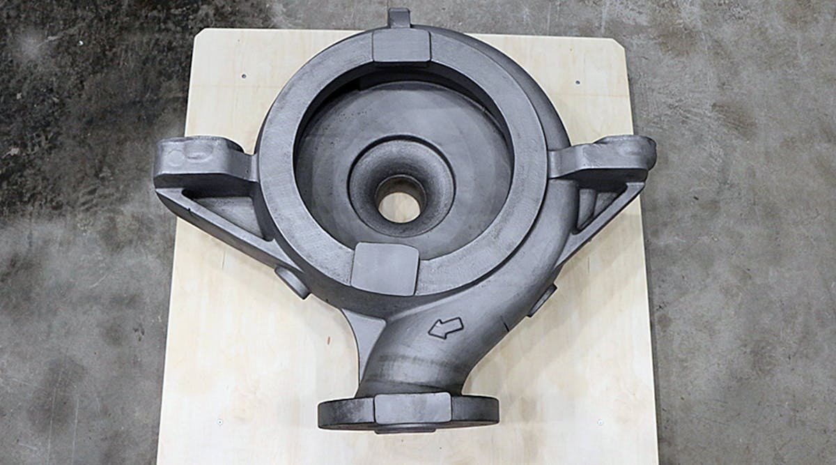 The 200-kg near-net-shape casting is an industrial centrifugal pump housing, to be used with highly corrosive materials in chemical and/or petrochemical processing.