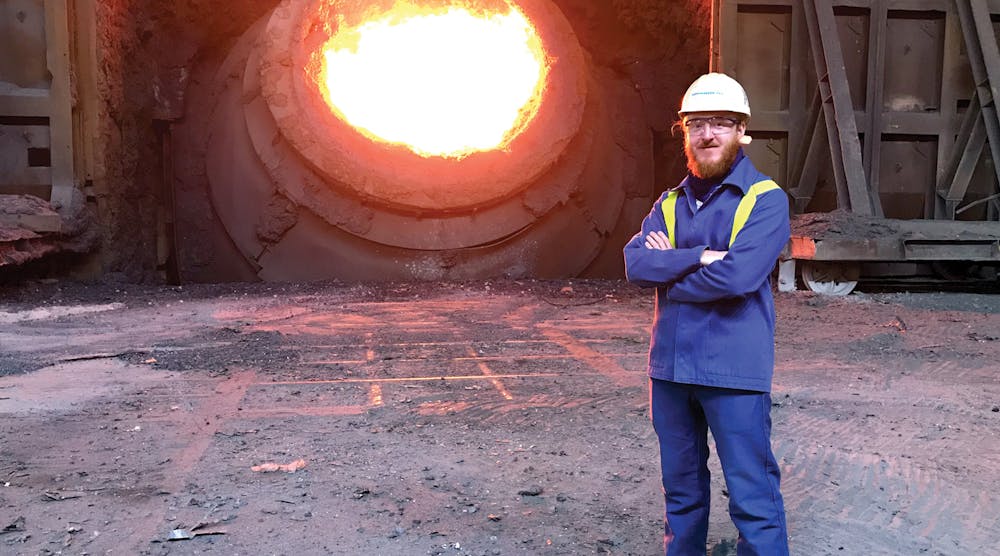Dr. Szymon Kubal and a basic oxygen furnace at Tata Steel Port Talbot Works, in Wales.