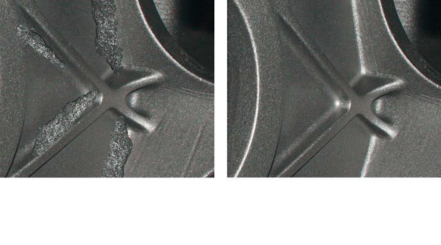 Two views of a casting detail before (left) and after (right) application of the SOLITEC water-based core-/mold-coating to areas of poorly compacted sand.