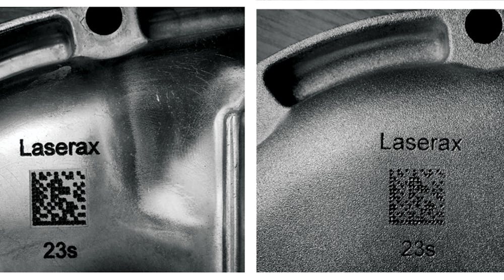 Examples of the DMC imprinted on a casting surface, before and after shotblasting.