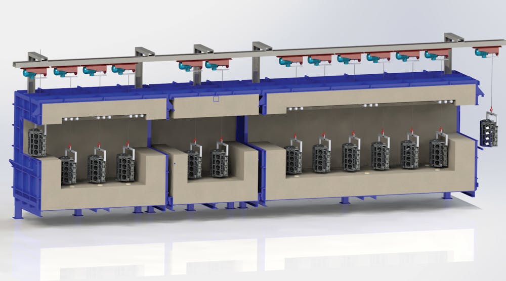 A concept illustration for heat-treating HPDC aluminum engine blocks with a fluidized bed system.