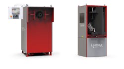 Left, the Open-Air Machine, serviced by an industrial robot. Right, the Rotary Table Machine for automated laser marking of parts. As marking starts inside the laser safety enclosure, a part that was previously marked is unloaded and brought by a robotic arm to the following station. Then, the robot can load a new part to be marked.
