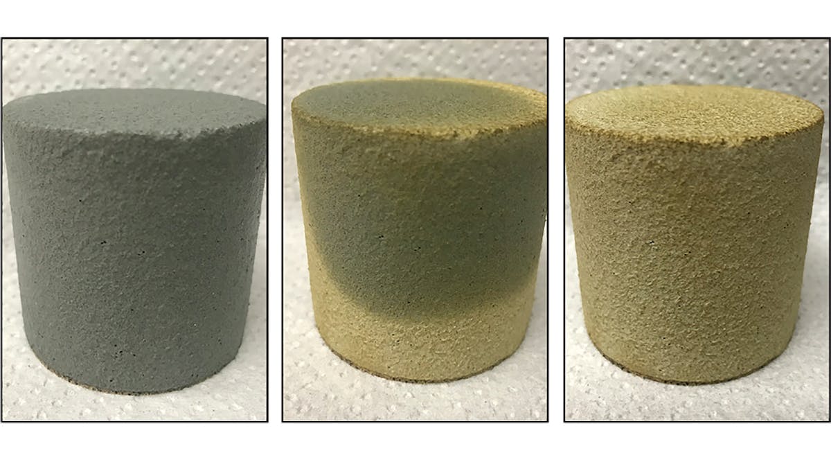 A demonstration of the coating in process: the wet coating as applied to the mold/core sand (left); molded sand drying in progress (center); and the sand after the coating has dried (right.)