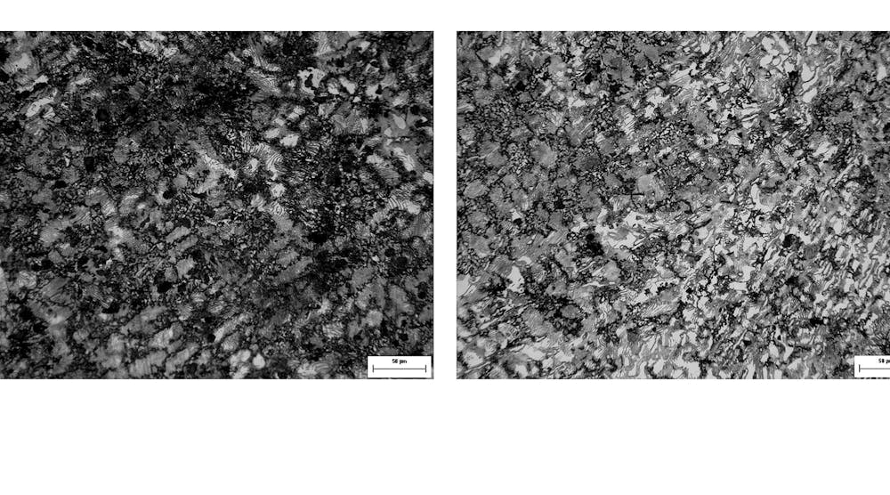 Two micrographs show the concentration of graphites in the 3.5-mm fin of a casting, Superseed Extra Al Inoculant (left) and a ferrosilicon inoculant (right.)