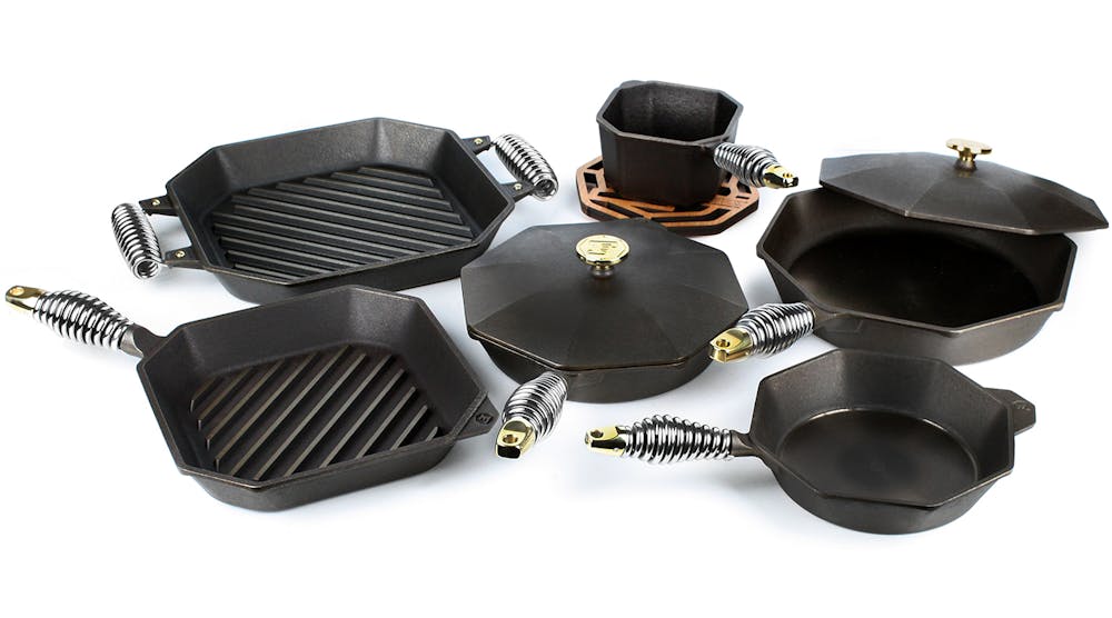 The &ldquo;modern, innovative, aspirational, and practical&rdquo; line of cast iron skillets, grills, etc. is recognizable by an octagon shape and stainless steel handles that remain cool and provide an ergonomic feature for support.