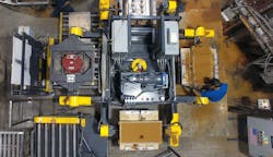 Flip molding machines are a comparatively recent development in chemically bonded mold production systems, with four or six stations: The box is fastened to the platen and filled. A vertical vibrator mounted on the bottom of the platen compacts the mold before striking off in place. The system is indexed for one station; the station between filling and drawing is for set-up time. When the box is at the draw station, the whole platen inverts. A precision draw platform elevates to the mold surface, the retaining pins which hold the mold to the box when inverting are drawn, and the same vibrator used for compaction starts and the draw platform lowers. Flip molding machines are a comparatively recent development in chemically bonded mold production systems, with four or six stations: The box is fastened to the platen and filled. A vertical vibrator mounted on the bottom of the platen compacts the mold before striking off in place. The system is indexed for one station; the station between filling and drawing is for set-up time. When the box is at the draw station, the whole platen inverts. A precision draw platform elevates to the mold surface, the retaining pins which hold the mold to the box when inverting are drawn, and the same vibrator used for compaction starts and the draw platform lowers.