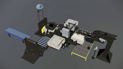 An illustration of a four-station flip-molding machine, a cast-iron, Blanchard-ground platen that inverts using a hydraulic actuator. An illustration of a four-station flip-molding machine, a cast-iron, Blanchard-ground platen that inverts using a hydraulic actuator.