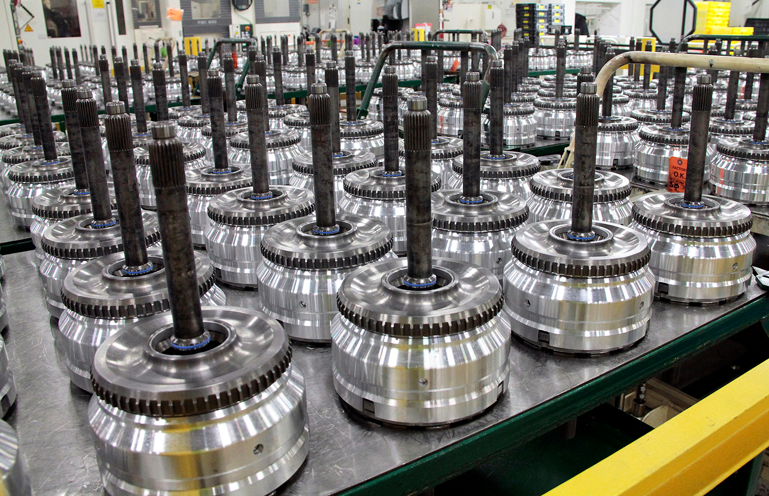 Input clutch assemblies for nine-speed transmissions, ready for the main assembly line at Indiana Transmission Plant I.