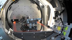 The speed|scan CT 64 scanner inspects a casting on a turntable by rotating the X-ray beam around the casting. The speed|scan CT 64 scanner inspects a casting on a turntable by rotating the X-ray beam around the casting.