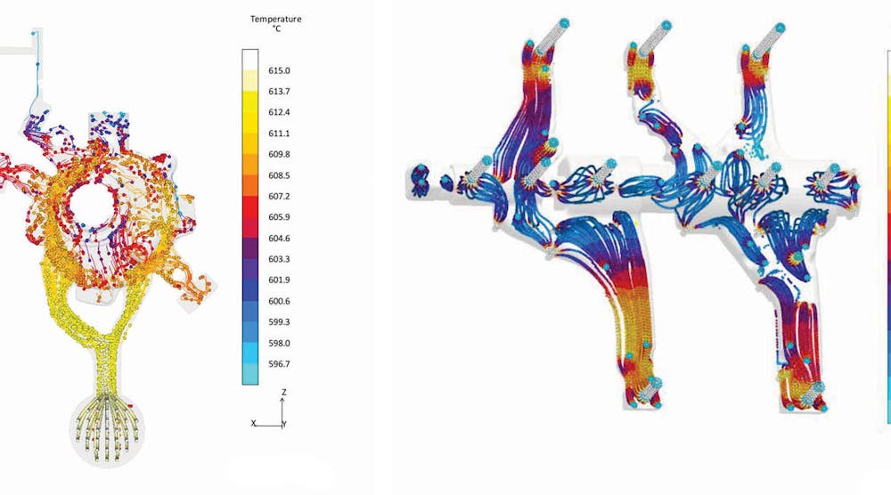 (Left) Visualization of temperatures by virtual particles during the flow in diecasting. (Right) Representation of air and sand velocities during core shooting using virtual particles.