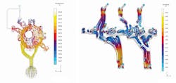 (Left) Visualization of temperatures by virtual particles during the flow in diecasting. (Right) Representation of air and sand velocities during core shooting using virtual particles. (Left) Visualization of temperatures by virtual particles during the flow in diecasting. (Right) Representation of air and sand velocities during core shooting using virtual particles.