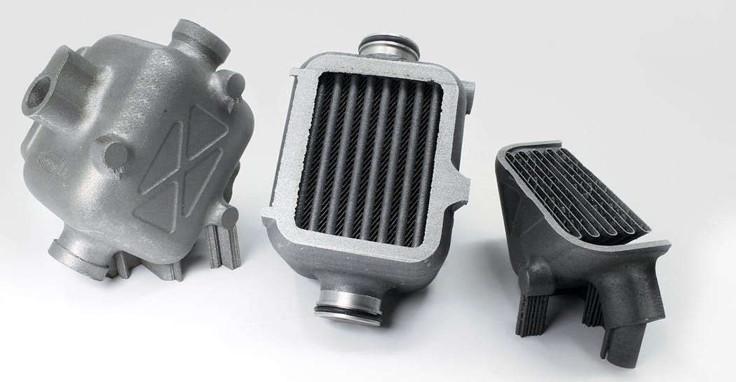 3D-printed components demonstrating various perspectives of the design freedom that VELO3D&rsquo;s SupportFree capabilities offer for heat exchangers &mdash; including the possibility for ultra-thin details, which are quite difficult to achieve with standard AM technologies.