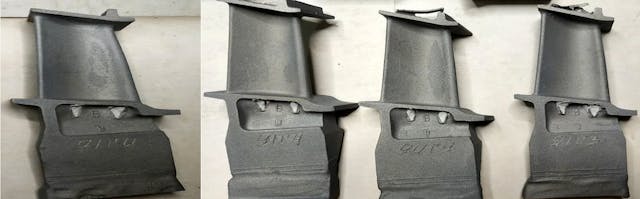 Examples of nickel-alloy investment cast molds for turbine blades.