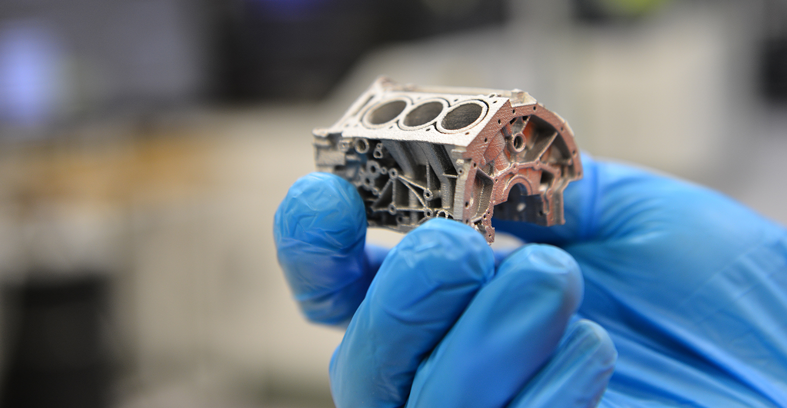 This aluminum 6061 engine block model demonstrates the high resolution and geometric control that can be produced in a new patent-pending binder jet 3D printing and sintering process developed by ExOne and Ford Motor Co.