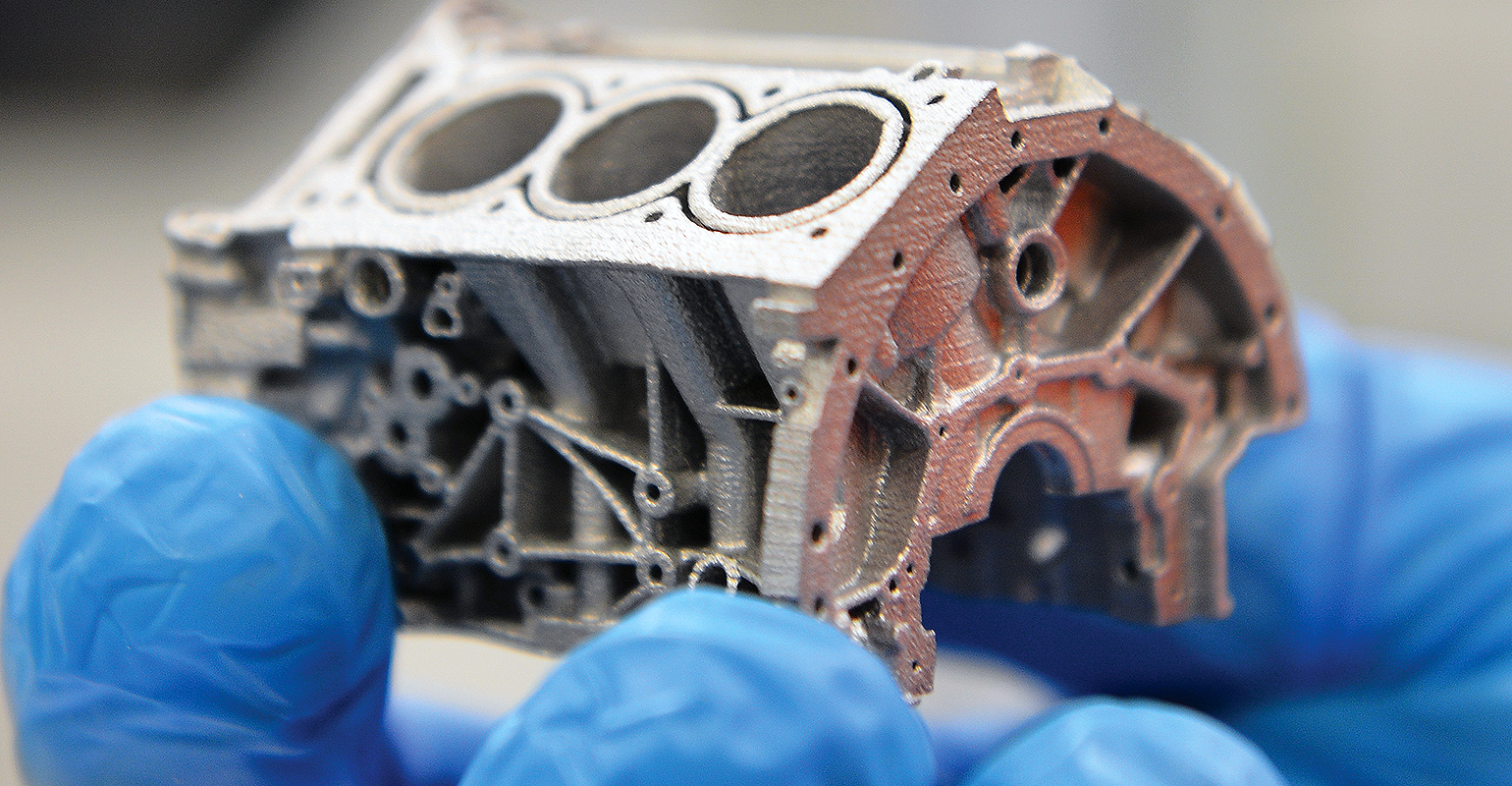This aluminum 6061 engine block model demonstrates the high resolution and geometric control that can be produced in a new patent-pending binder jet 3D printing and sintering process developed by ExOne and Ford Motor Co.