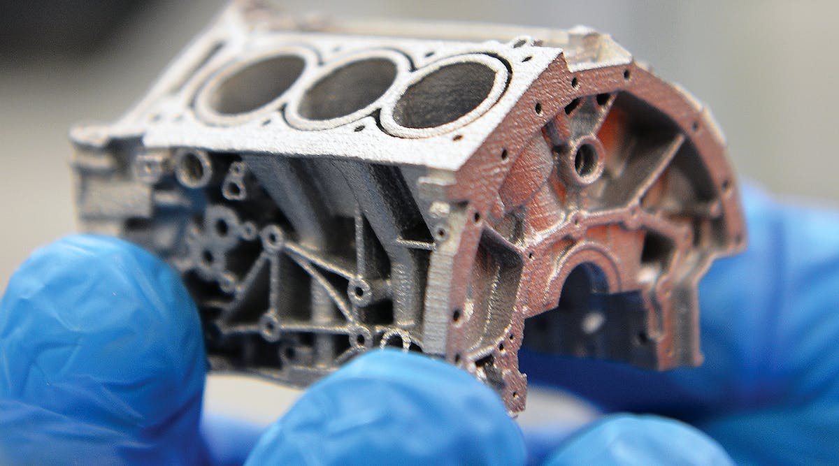This aluminum 6061 engine block model demonstrates the high resolution and geometric control that can be produced in a new patent-pending binder jet 3D printing and sintering process developed by ExOne and Ford Motor Co.