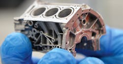 This aluminum 6061 engine block model demonstrates the high resolution and geometric control that can be produced in a new patent-pending binder jet 3D printing and sintering process developed by ExOne and Ford Motor Co. This aluminum 6061 engine block model demonstrates the high resolution and geometric control that can be produced in a new patent-pending binder jet 3D printing and sintering process developed by ExOne and Ford Motor Co.