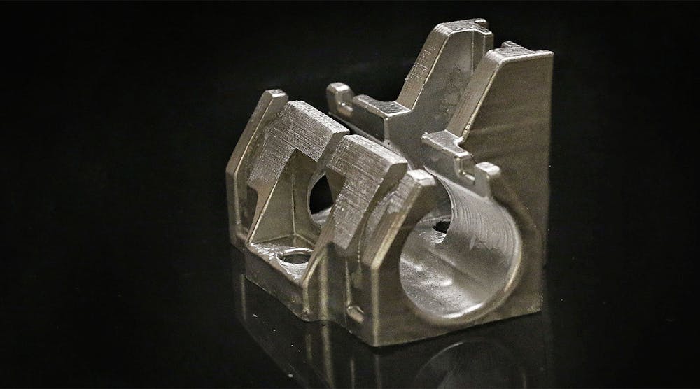 A Ti-6Al-4V bracket for a linear guide, manufactured by gel casting as a demonstrator component.