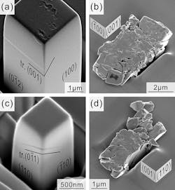 Deformation microstructures of micropillar specimens of α-Nb5Si3 single crystals. Deformation microstructures of micropillar specimens of α-Nb5Si3 single crystals.