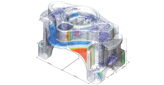 Cast parts with color-coded results for dimensional measurements, wall thickness analysis, 3D porosity inspection, and effect of defect simulation.