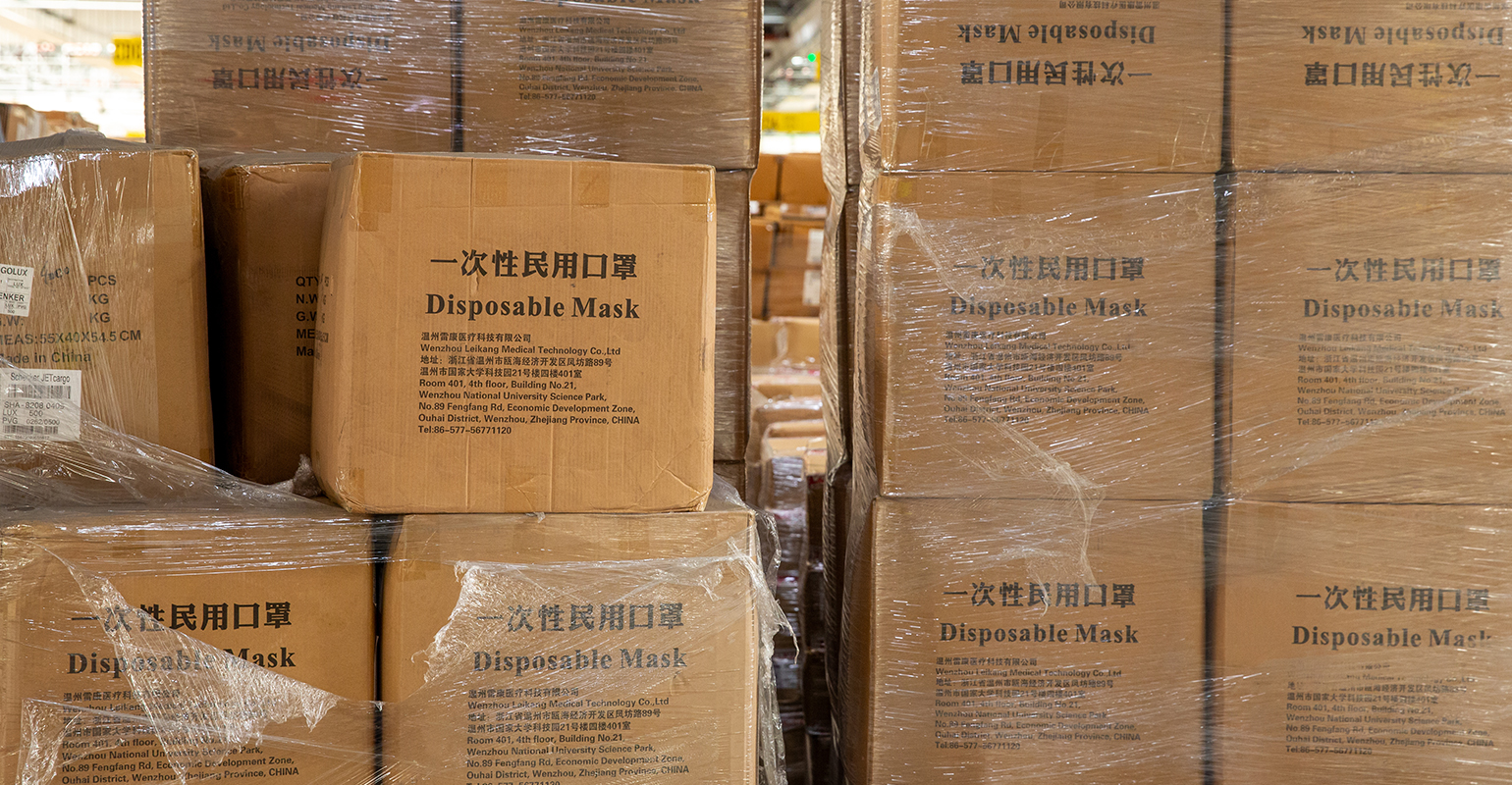 Warehoused packages of face masks.