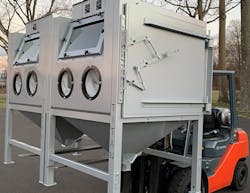 Titan Abrasive System blast cabinet with lifting bards added to the steel frame. Titan Abrasive System blast cabinet with lifting bards added to the steel frame.