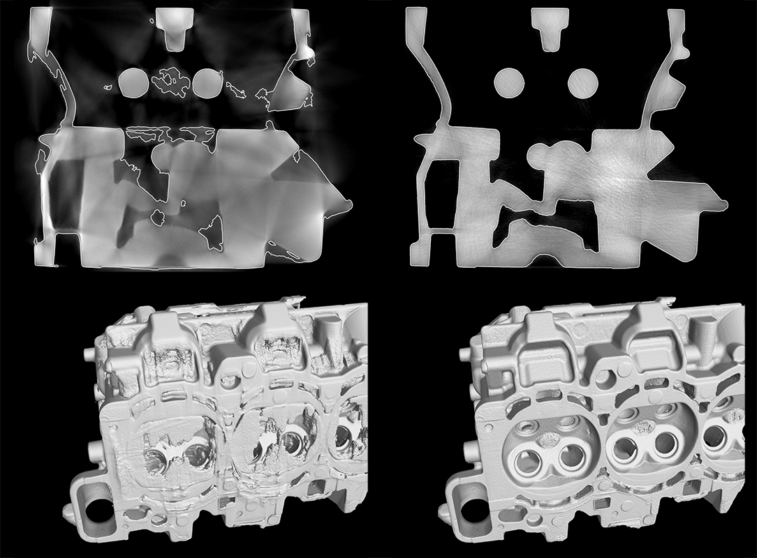 CT scan of a cast part without (left) and with (right) ScatterFix