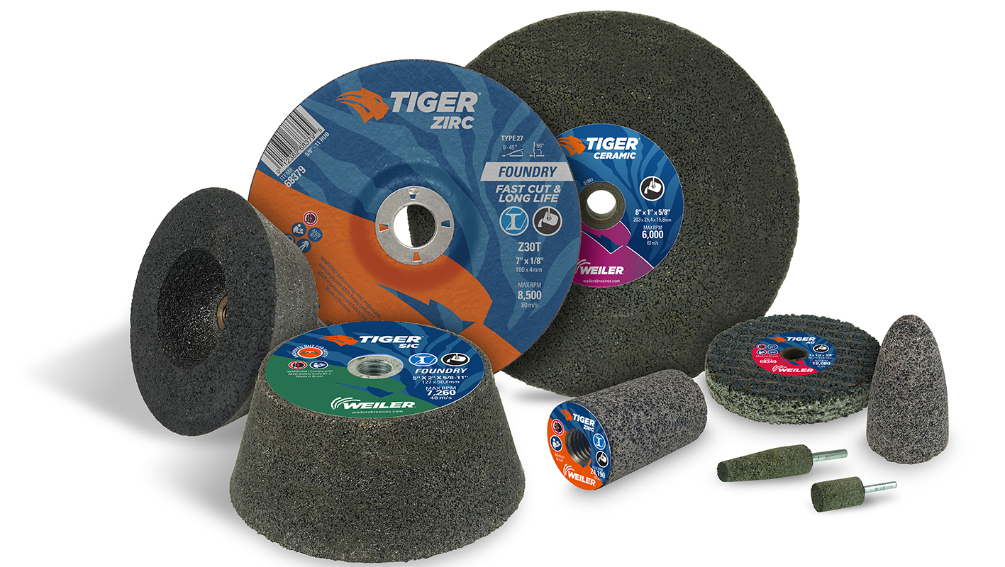 Weiler Abrasives advanced Tiger ceramic grain results in extremely low specific cutting energy, providing ultra-high metal removal rates to improve productivity when grinding.