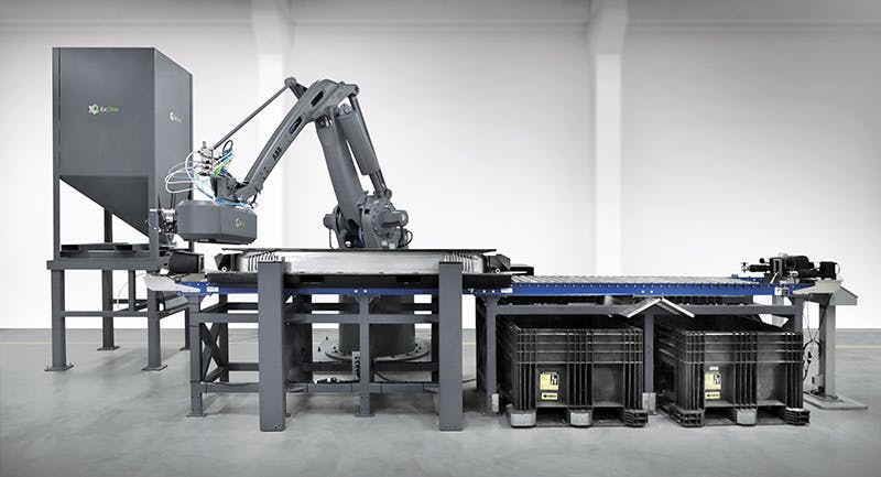 The S-Max Flex sand-printing process is a binder-jet additive manufacturing system that adopts Desktop Metal&rsquo;s Single Pass Jetting technology, and works with an industrial robot unit and a telescoping build box on a platform, to print furan-bonded sand molds and cores.