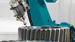 The edge-shaping process of large gears. Using solid-carbide cutters, the robot provides the teeth with chamfers of up to 5 mm. It follows the involute contour of the tooth flanks exactly.