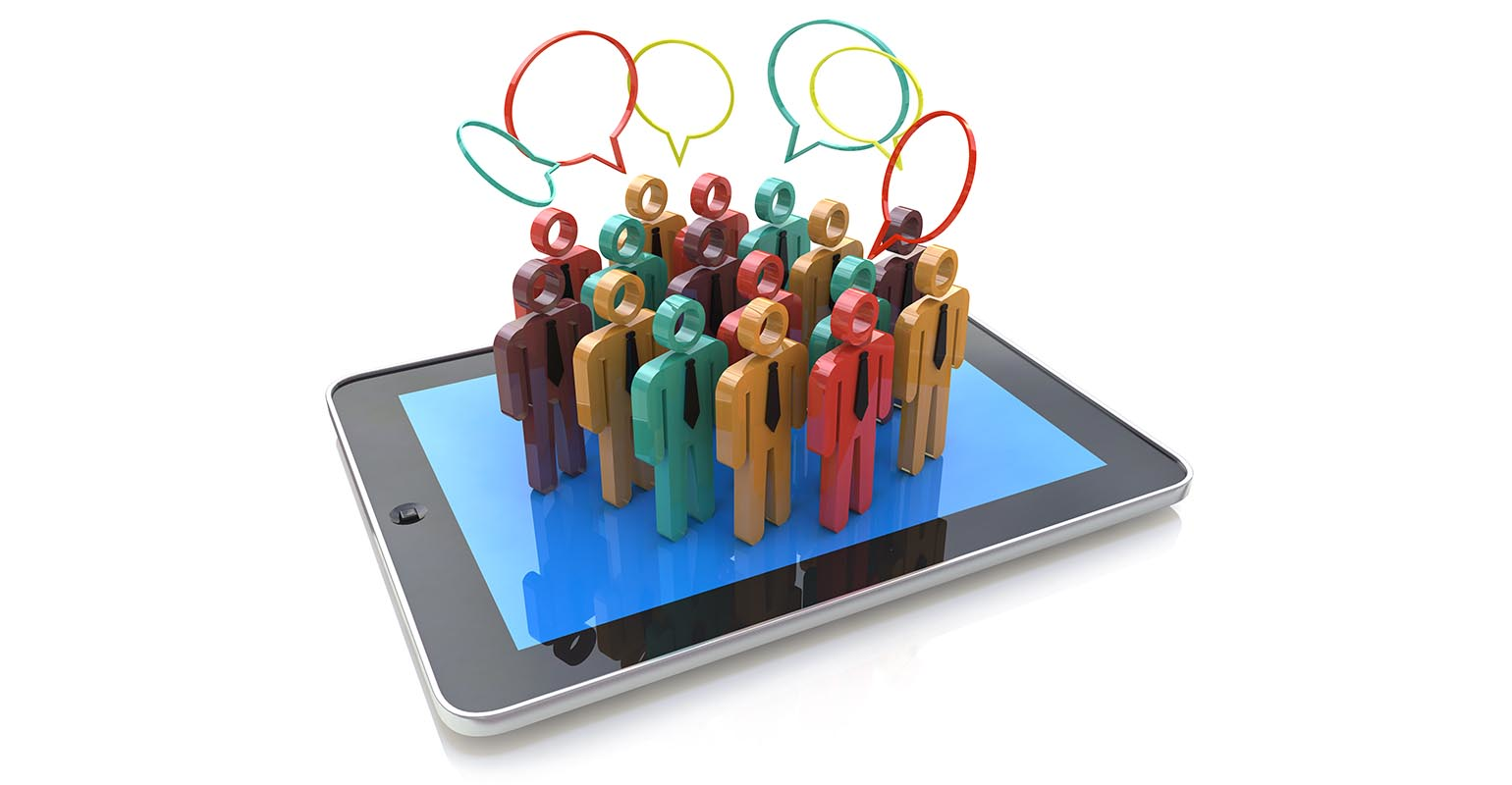 Creative social media, internet communication and business marketing corporate web concept: group of 3D color people figures on.