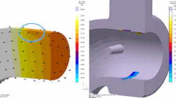 Figure 8 (left): Core-gas defect risk on cast (57% solid); Figure 9 (right): Core-gas pressure (57% solid.)