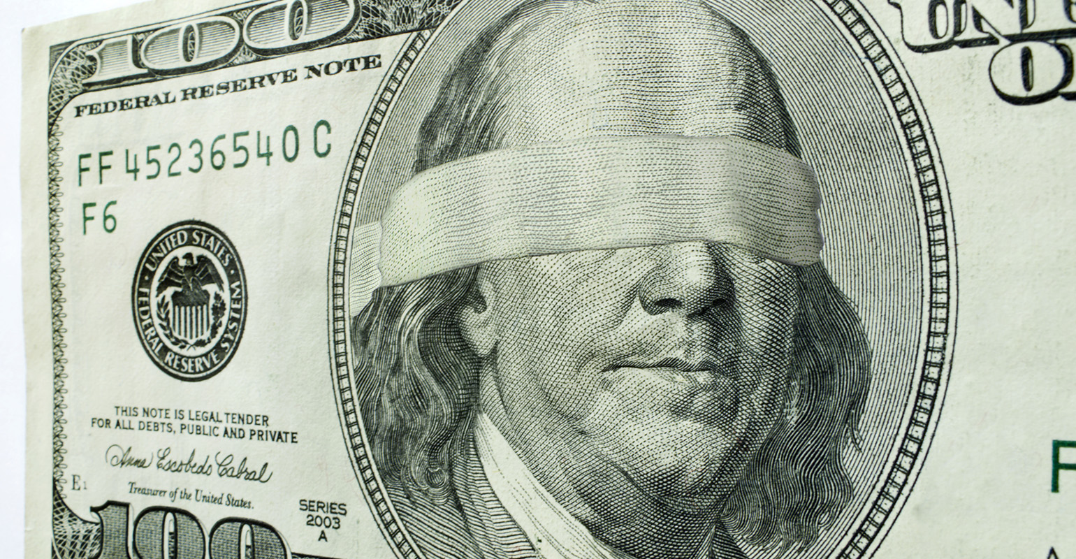Blindfolded Benj. Franklin, $100 bill.