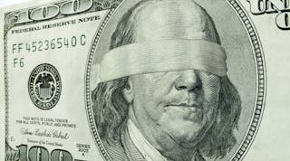 Blindfolded Benj. Franklin, $100 bill.