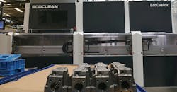 The EcoCvelox combines five-axis high-pressure deburring, various part cleaning technologies and drying processes with dynamic and quick part-handling technology. An integrated CAD/CAM interface makes programming for high-pressure deburring quick and easy. The EcoCvelox combines five-axis high-pressure deburring, various part cleaning technologies and drying processes with dynamic and quick part-handling technology. An integrated CAD/CAM interface makes programming for high-pressure deburring quick and easy.