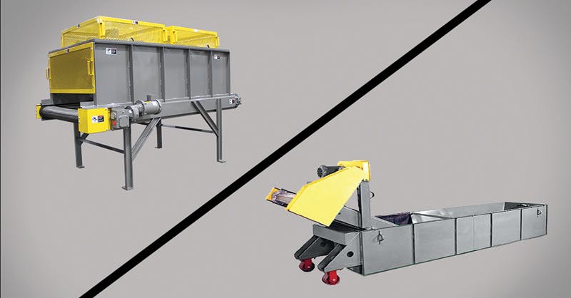 Top, a casting cooler is a steel belt conveyor with built-in fans that blow ambient air as hot parts pass underneath. Below, a quench conveyor has a liquid-tight tank that is filled with a (typically water-based) quench medium.