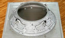 A one-meter diameter turbine center frame (TCF), printed in nickel alloy 718 using GE Additive’s direct metal laser melting process, for GE Aerospace. A one-meter diameter turbine center frame (TCF), printed in nickel alloy 718 using GE Additive’s direct metal laser melting process, for GE Aerospace.