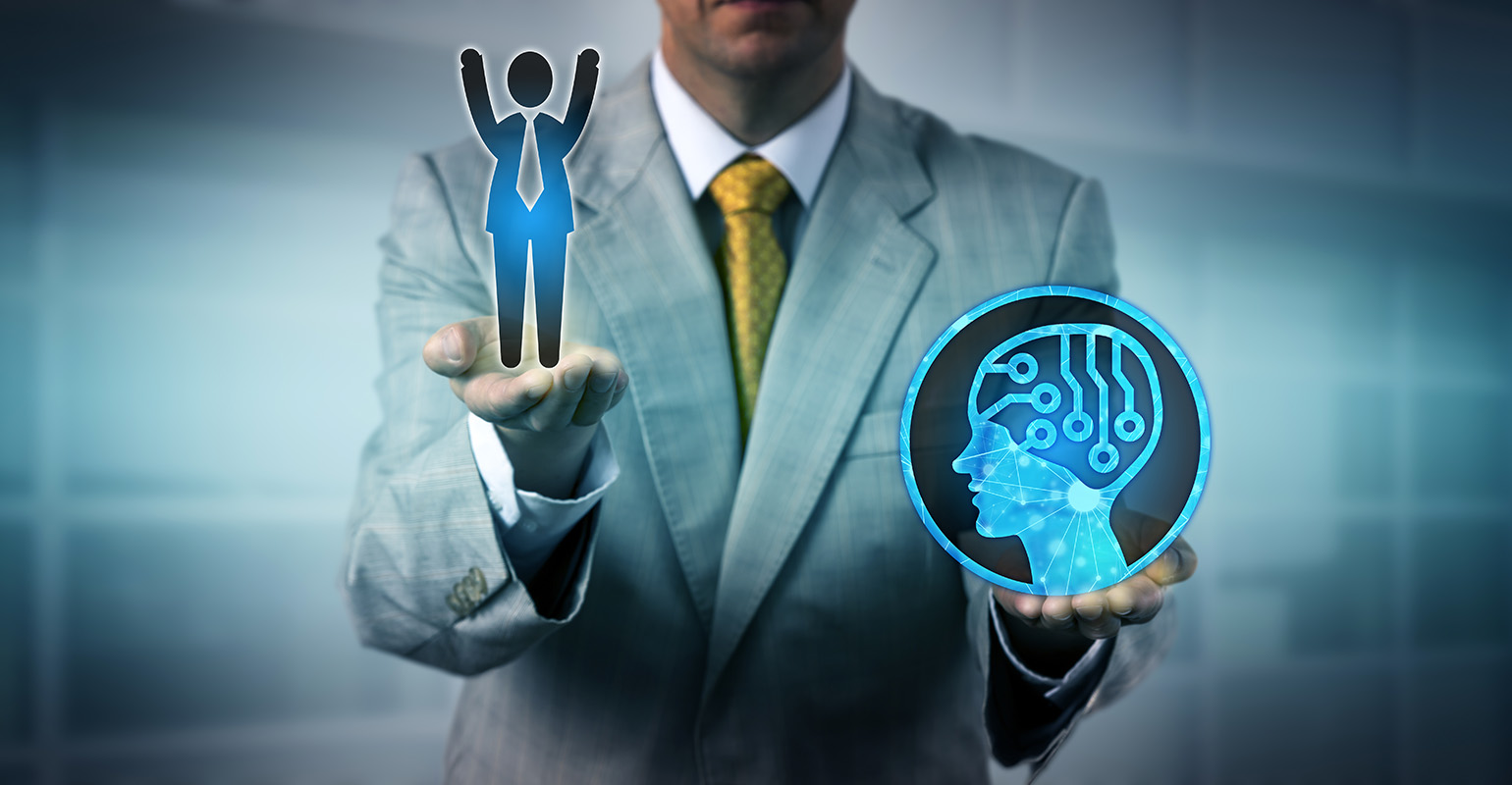 Manager raising one cheering male worker above AI