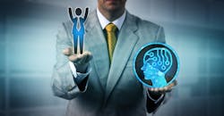 Manager raising one cheering male worker above AI Manager raising one cheering male worker above AI