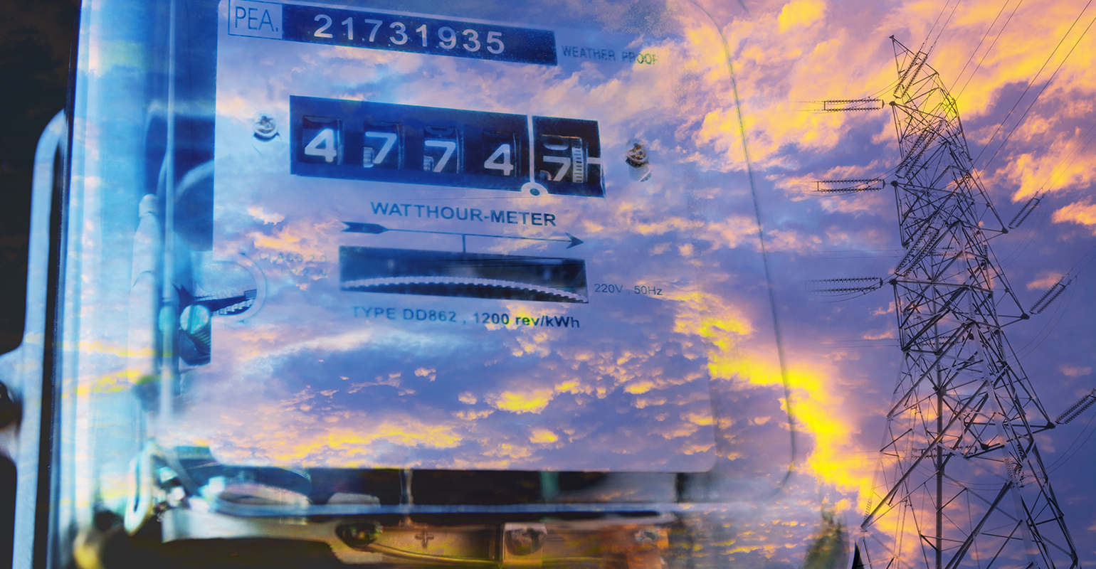 Electric power meter measuring power usage with high voltage post. Watt/hour electric meter measurement tool