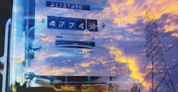 Electric power meter measuring power usage with high voltage post. Watt/hour electric meter measurement tool Electric power meter measuring power usage with high voltage post. Watt/hour electric meter measurement tool