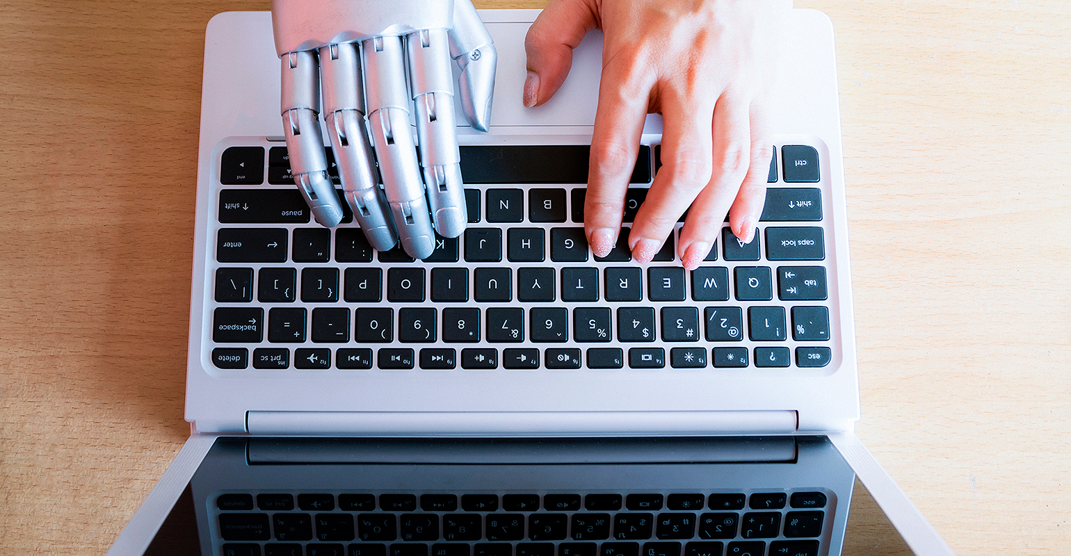 Robot hands and fingers point to laptop button: Artificial Intelligence.