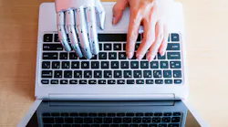 Robot hands and fingers point to laptop button: Artificial Intelligence.