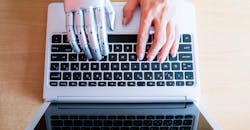 Robot hands and fingers point to laptop button: Artificial Intelligence. Robot hands and fingers point to laptop button: Artificial Intelligence.
