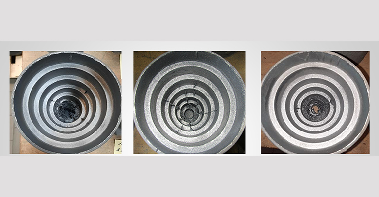 A large step cone, GJL. Casting temperature: 1410-1420 &deg;C. Water-based coating, approximately 300-&micro;m layer thickness.