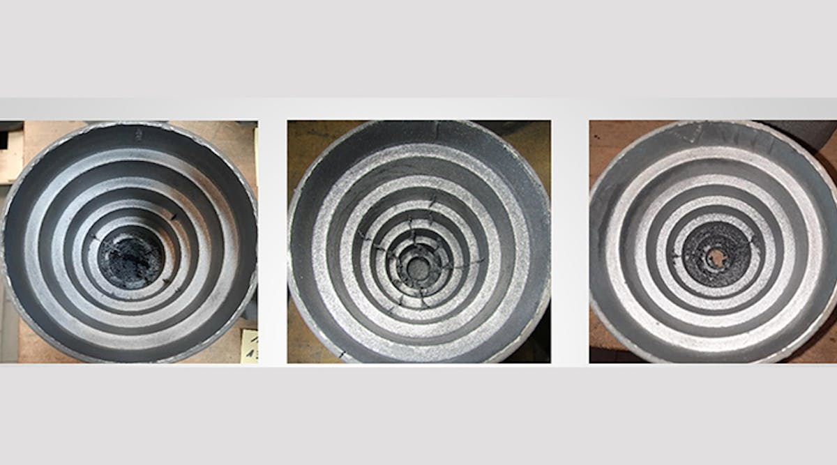 A large step cone, GJL. Casting temperature: 1410-1420 &deg;C. Water-based coating, approximately 300-&micro;m layer thickness.