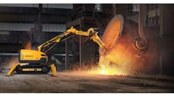 A demolition machine accesses hard-to-reach areas easily and safely, to clean slag and build-up on furnaces and molten-metal holding vessels.