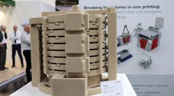 The high-complexity sand core for a water-jacket casting, 3D-printed by voxeljet using its cold-curing inorganic binder (cold IOB) technology. The high-complexity sand core for a water-jacket casting, 3D-printed by voxeljet using its cold-curing inorganic binder (cold IOB) technology.