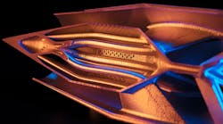 Close up of the bisected 3D-printed ramjet showing the complexity of its internal design features. Close up of the bisected 3D-printed ramjet showing the complexity of its internal design features.